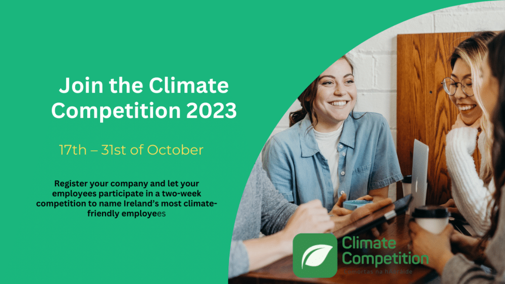 A group of people sitting around a table, with an invitation to join the climate competition