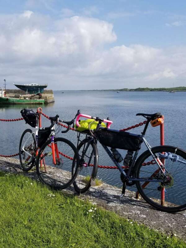 bikes parked at a lake shore