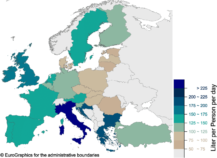 Map of Europe, with colour indicating which countries use the most water, per capita