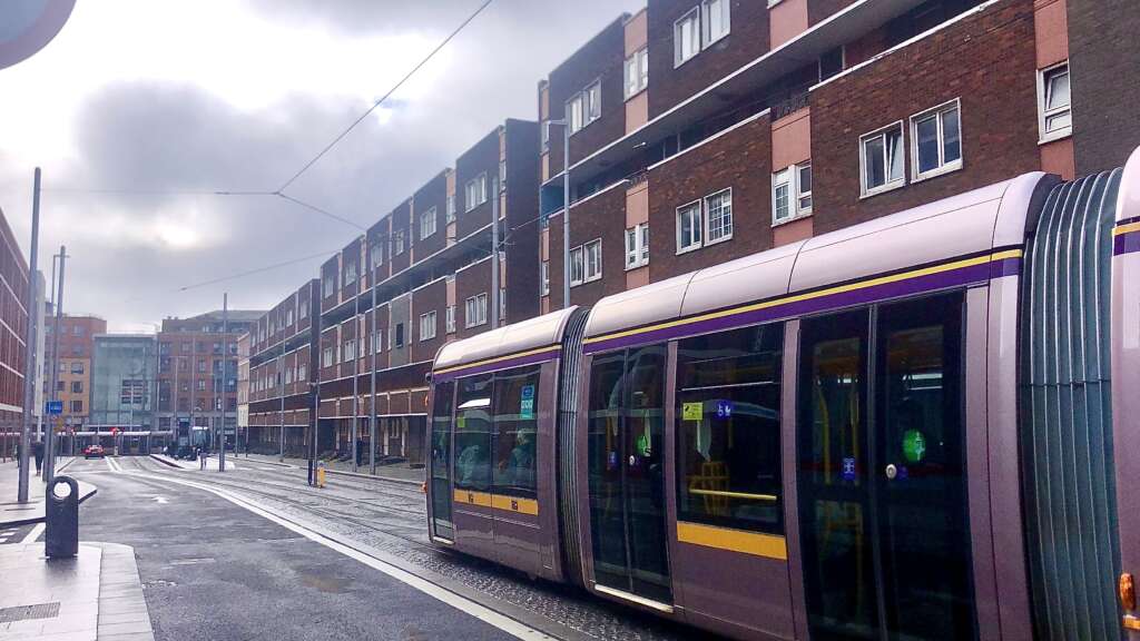 Tram travelling down Dominick Street in Dublin