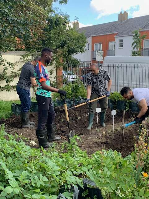 volunteers digging at GLAS community garden