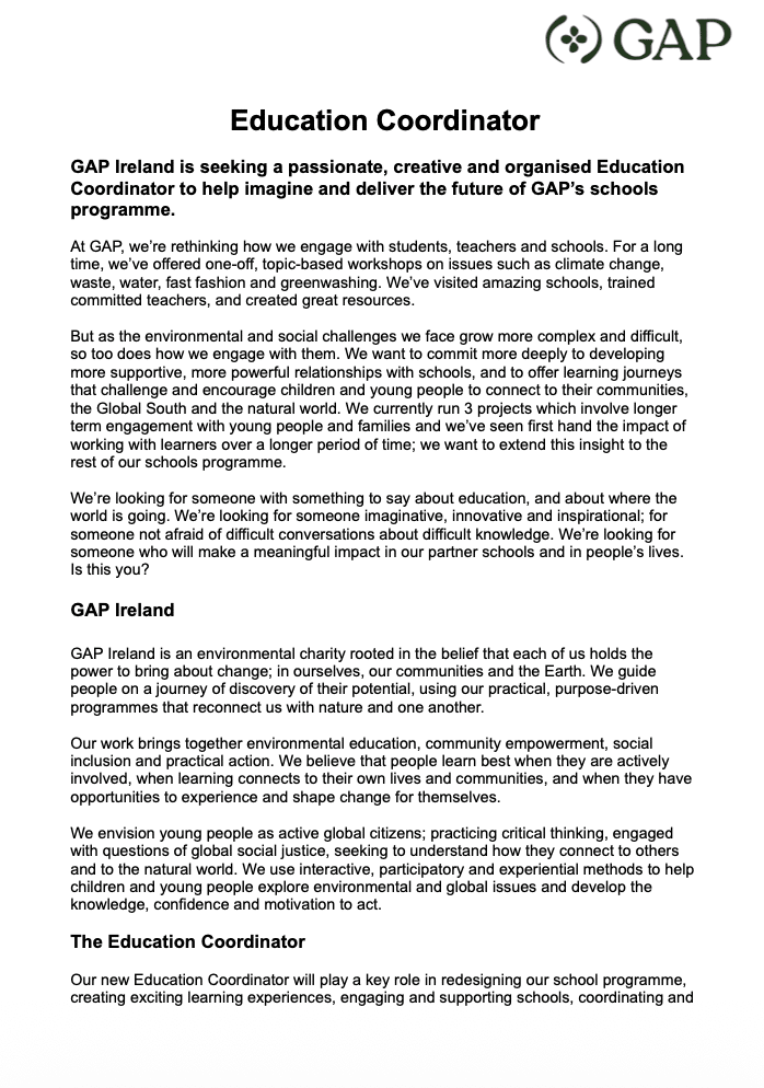 Front page of job description